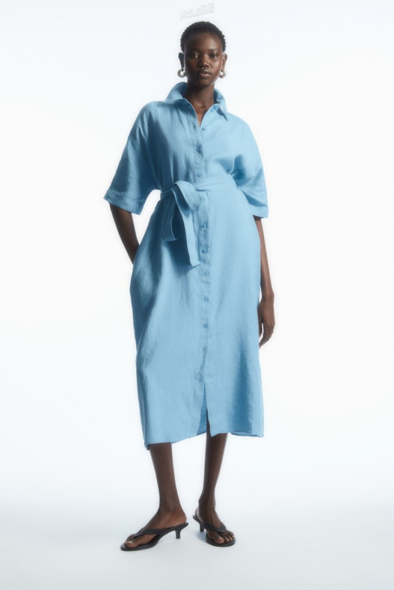 Light Blue COS Belted Linen Shirt Dress Dresses | 210836-GLX