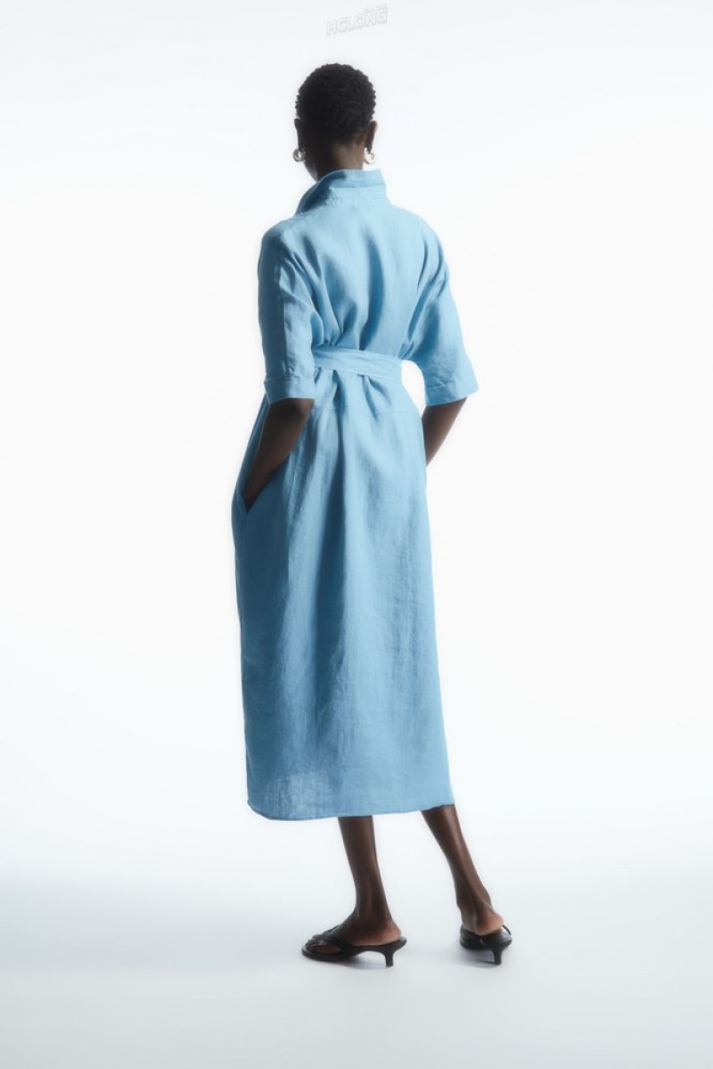 Light Blue COS Belted Linen Shirt Dress Dresses | 210836-GLX