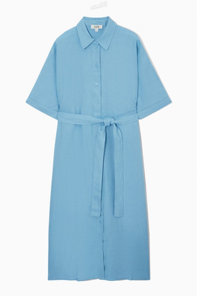 Light Blue COS Belted Linen Shirt Dress Dresses | 210836-GLX