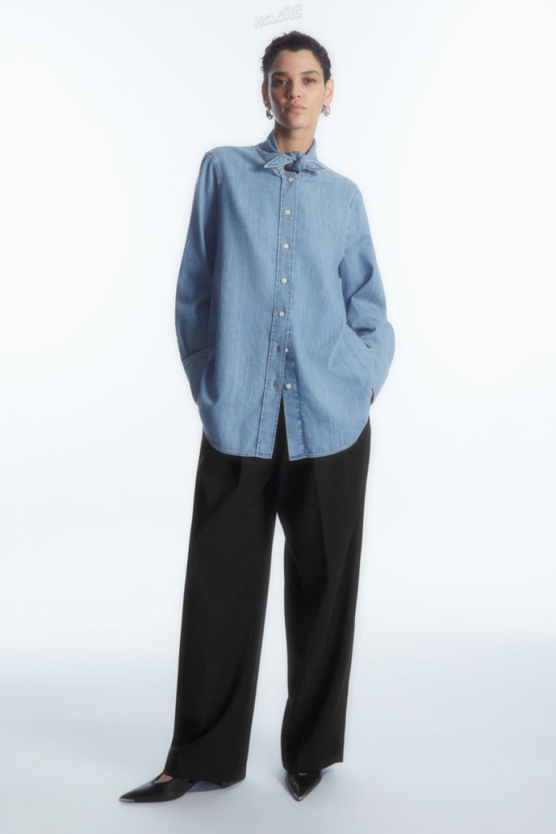 Light Blue COS Tie-Neck Dagger-Collar Denim Shirt Shirts & Blouses | 803296-ZXD