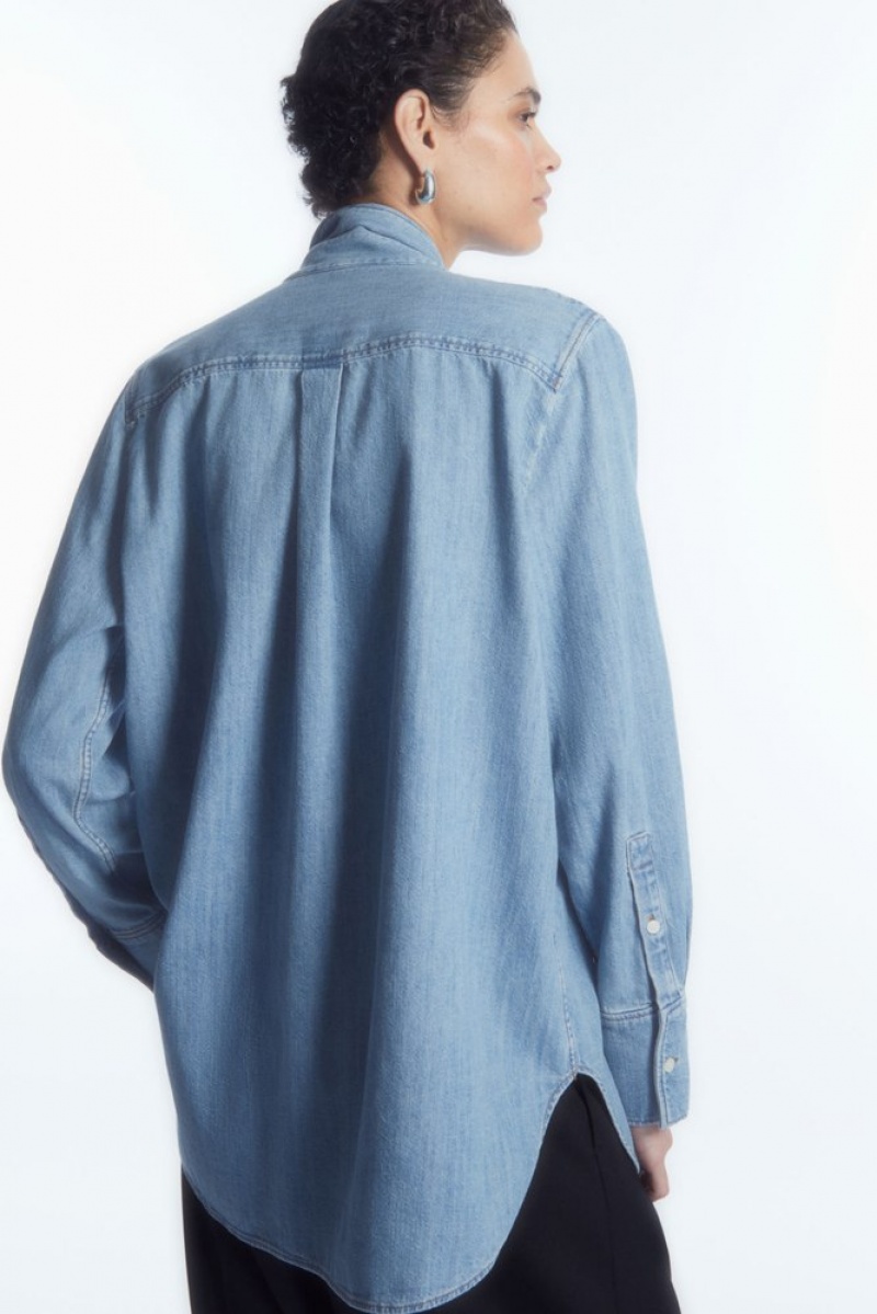 Light Blue COS Tie-Neck Dagger-Collar Denim Shirt Shirts & Blouses | 803296-ZXD