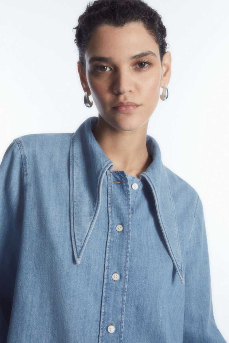 Light Blue COS Tie-Neck Dagger-Collar Denim Shirt Shirts & Blouses | 803296-ZXD