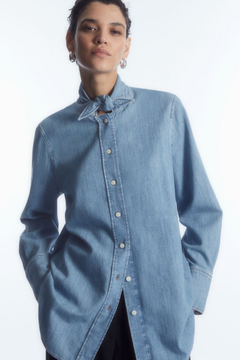 Light Blue COS Tie-Neck Dagger-Collar Denim Shirt Shirts & Blouses | 803296-ZXD