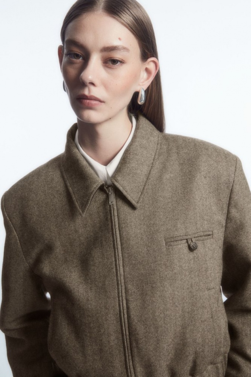 Light Brown COS Power-Shoulder Wool-Herringbone Jacket Coats & Jackets | 162385-PIF