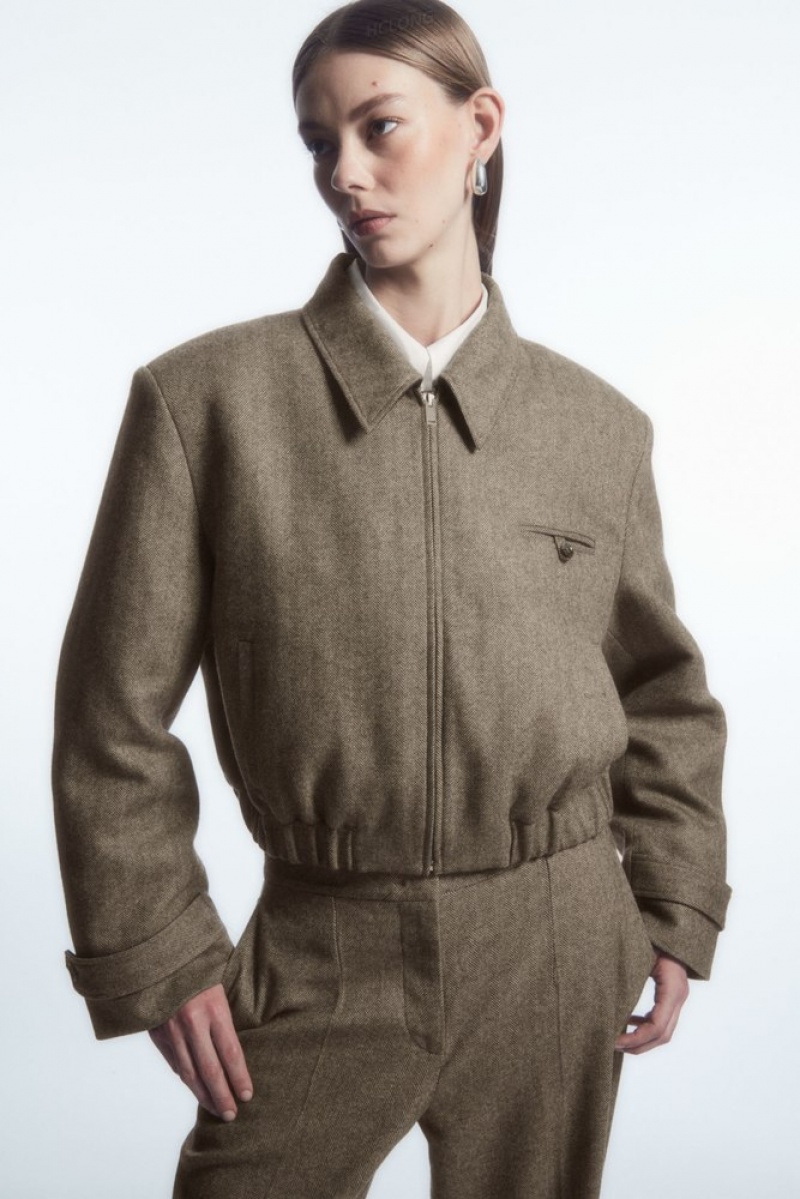 Light Brown COS Power-Shoulder Wool-Herringbone Jacket Coats & Jackets | 162385-PIF