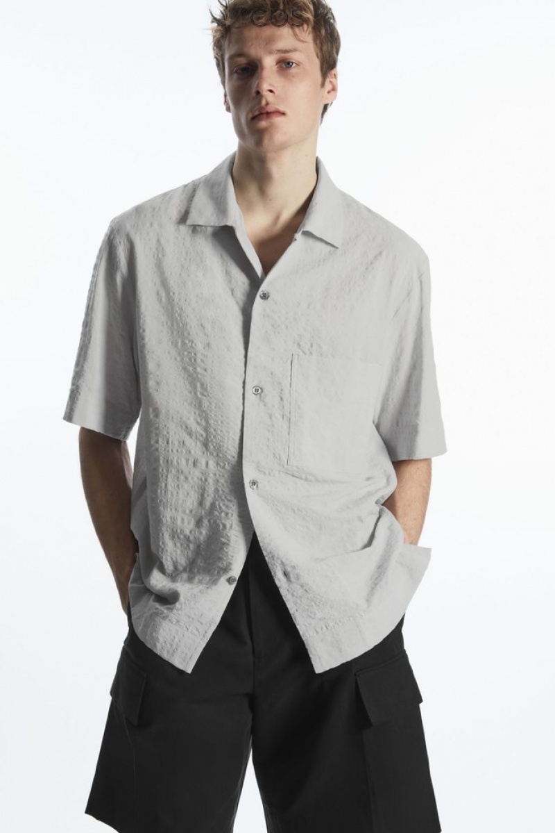 Light Grey COS Camp-Collar Seersucker Shirt Shirts | 931462-POI