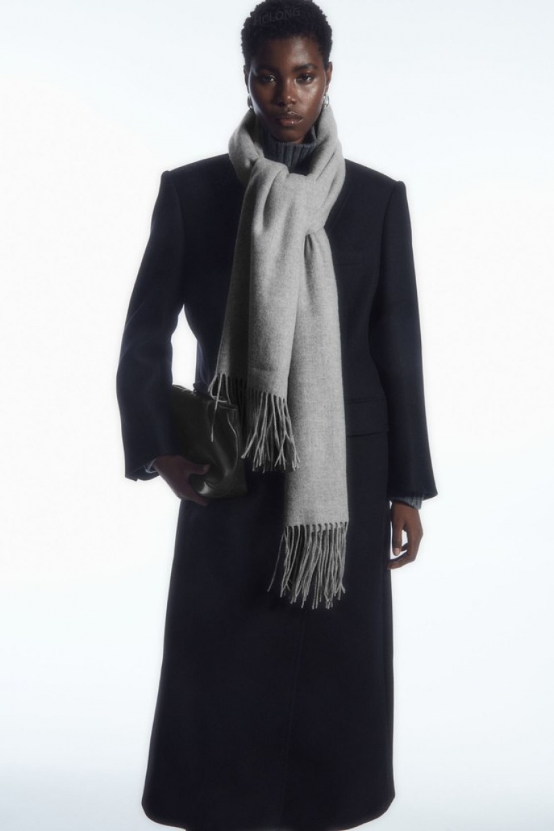 Light Grey COS Fringed Pure Wool Scarf Scarves | 204786-SJI