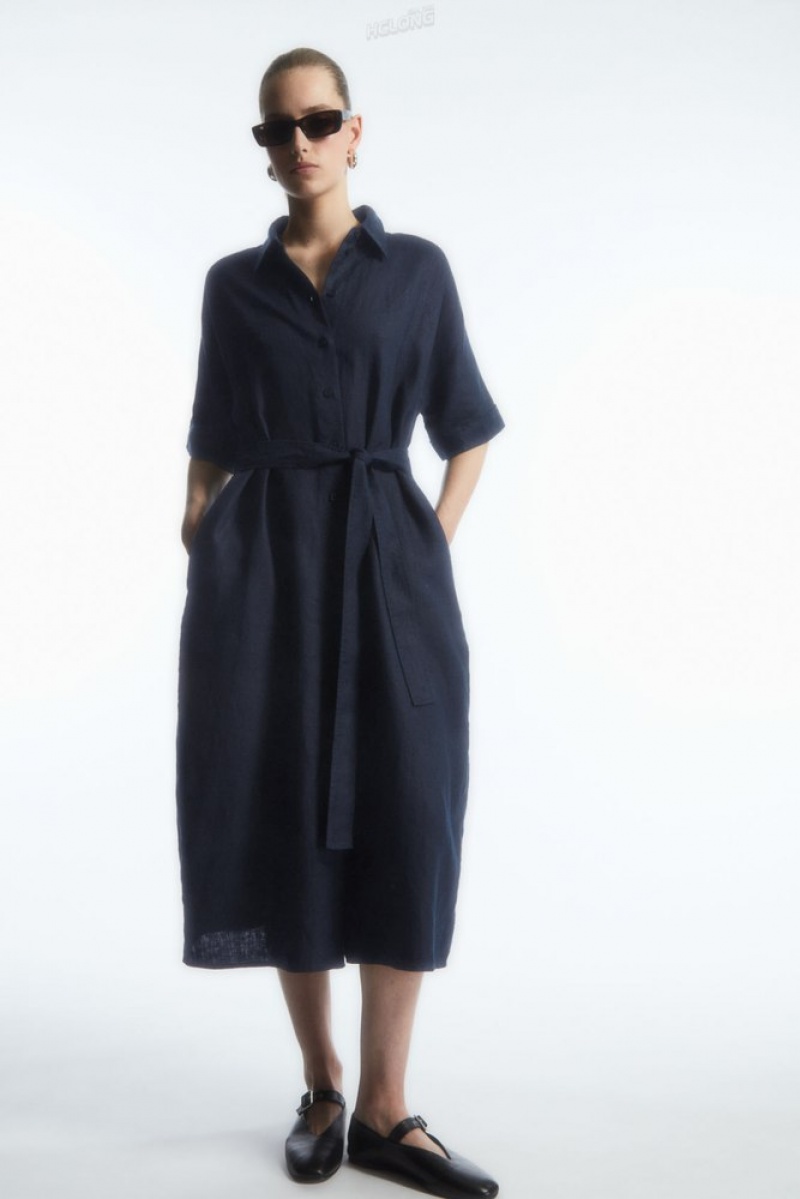 Navy COS Belted Linen Shirt Dress Dresses | 904786-ZMA