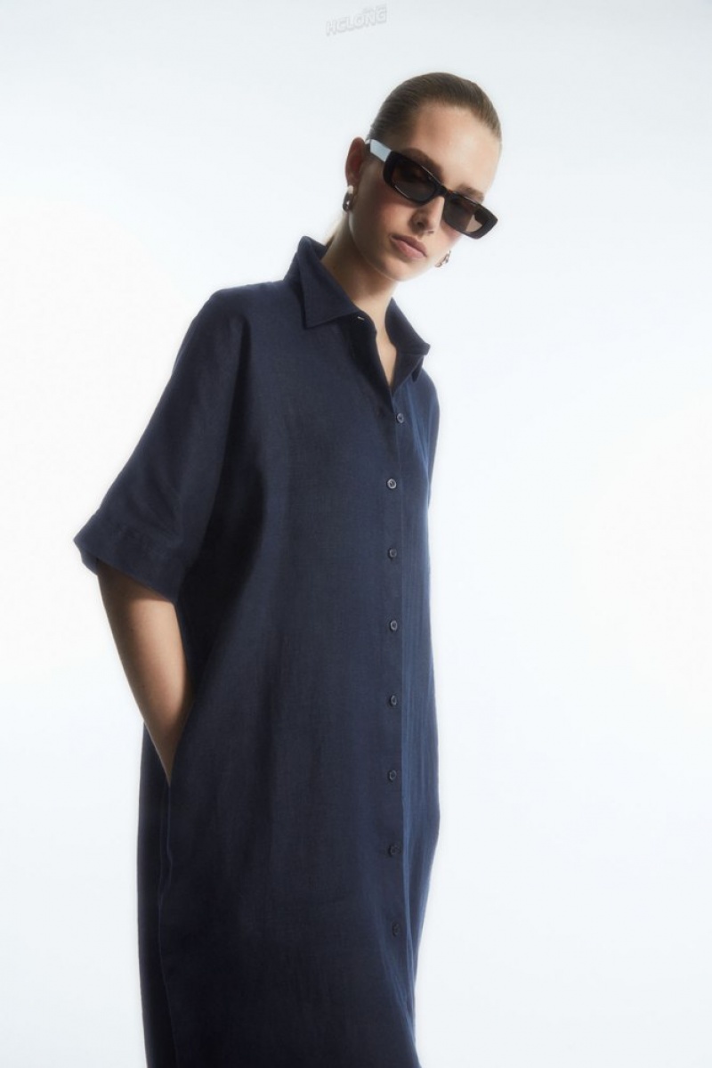 Navy COS Belted Linen Shirt Dress Dresses | 904786-ZMA