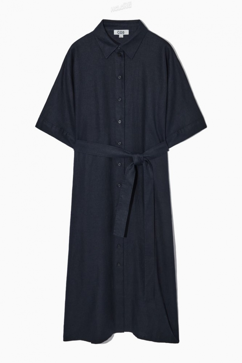 Navy COS Belted Linen Shirt Dress Dresses | 904786-ZMA