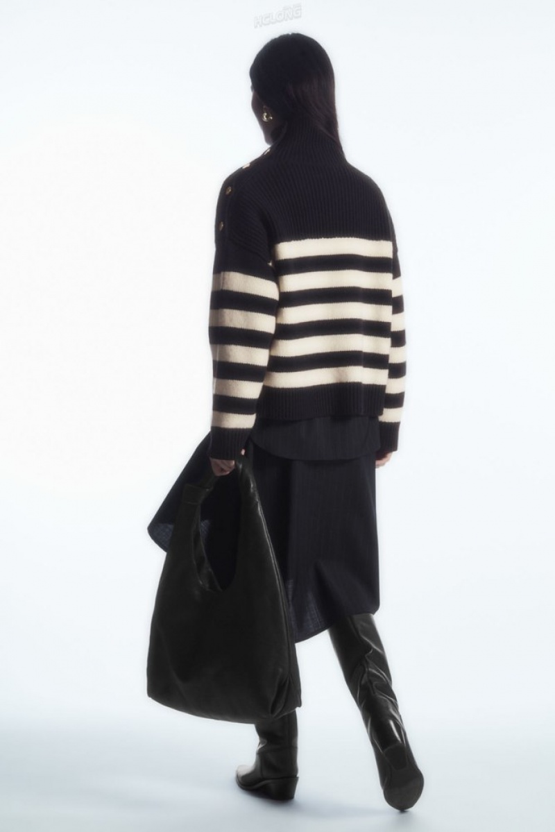 Navy COS Button-Embellished Striped Wool Jumper Knitwear & Cardigans | 127609-JXB