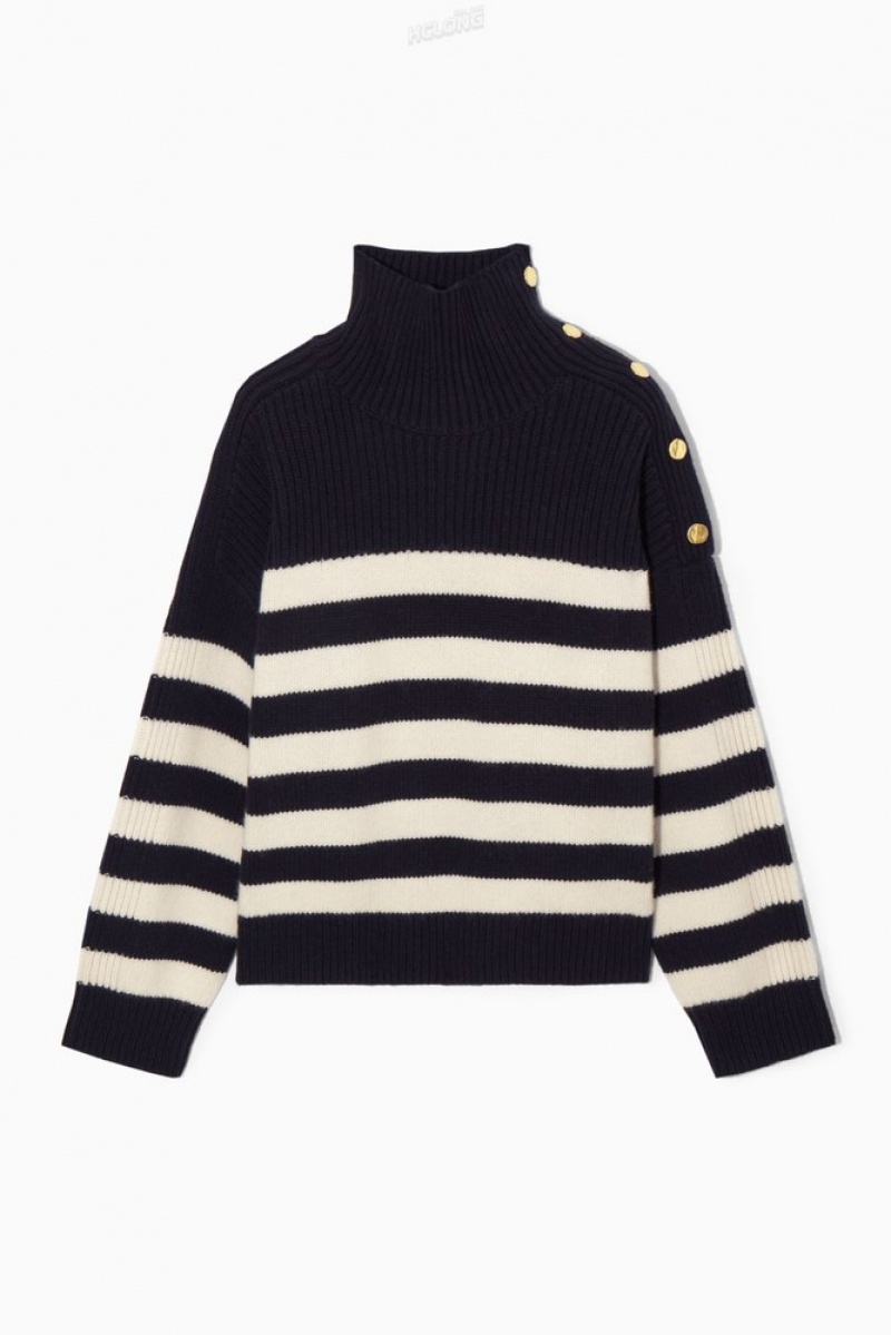 Navy COS Button-Embellished Striped Wool Jumper Knitwear & Cardigans | 127609-JXB