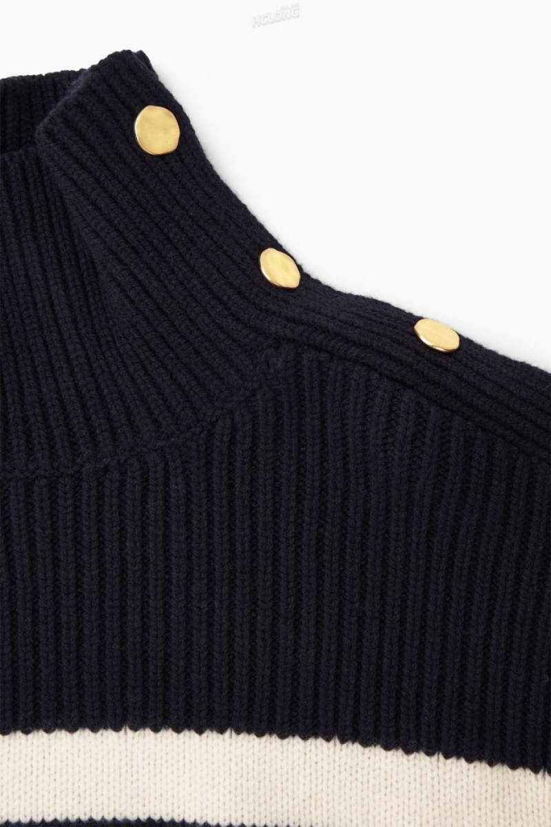 Navy COS Button-Embellished Striped Wool Jumper Knitwear & Cardigans | 127609-JXB