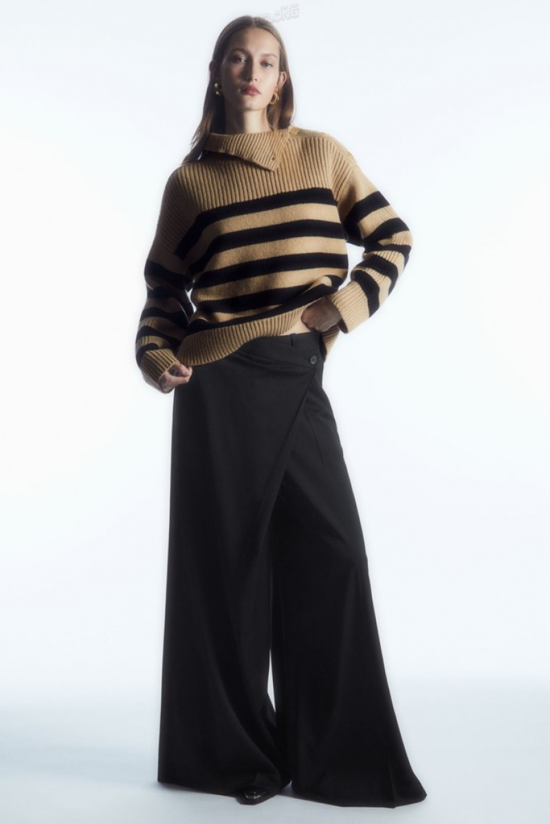 Navy COS Button-Embellished Striped Wool Sweater Sweaters & Cardigans | 675431-WKH