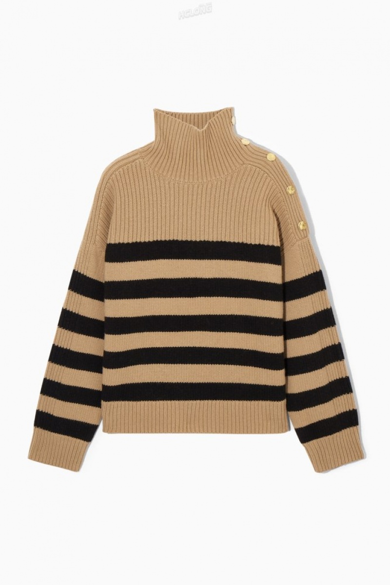 Navy COS Button-Embellished Striped Wool Sweater Sweaters & Cardigans | 675431-WKH