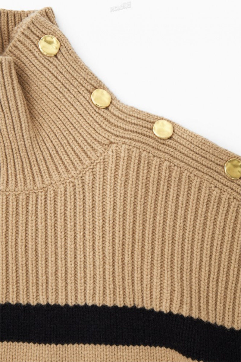 Navy COS Button-Embellished Striped Wool Sweater Sweaters & Cardigans | 675431-WKH