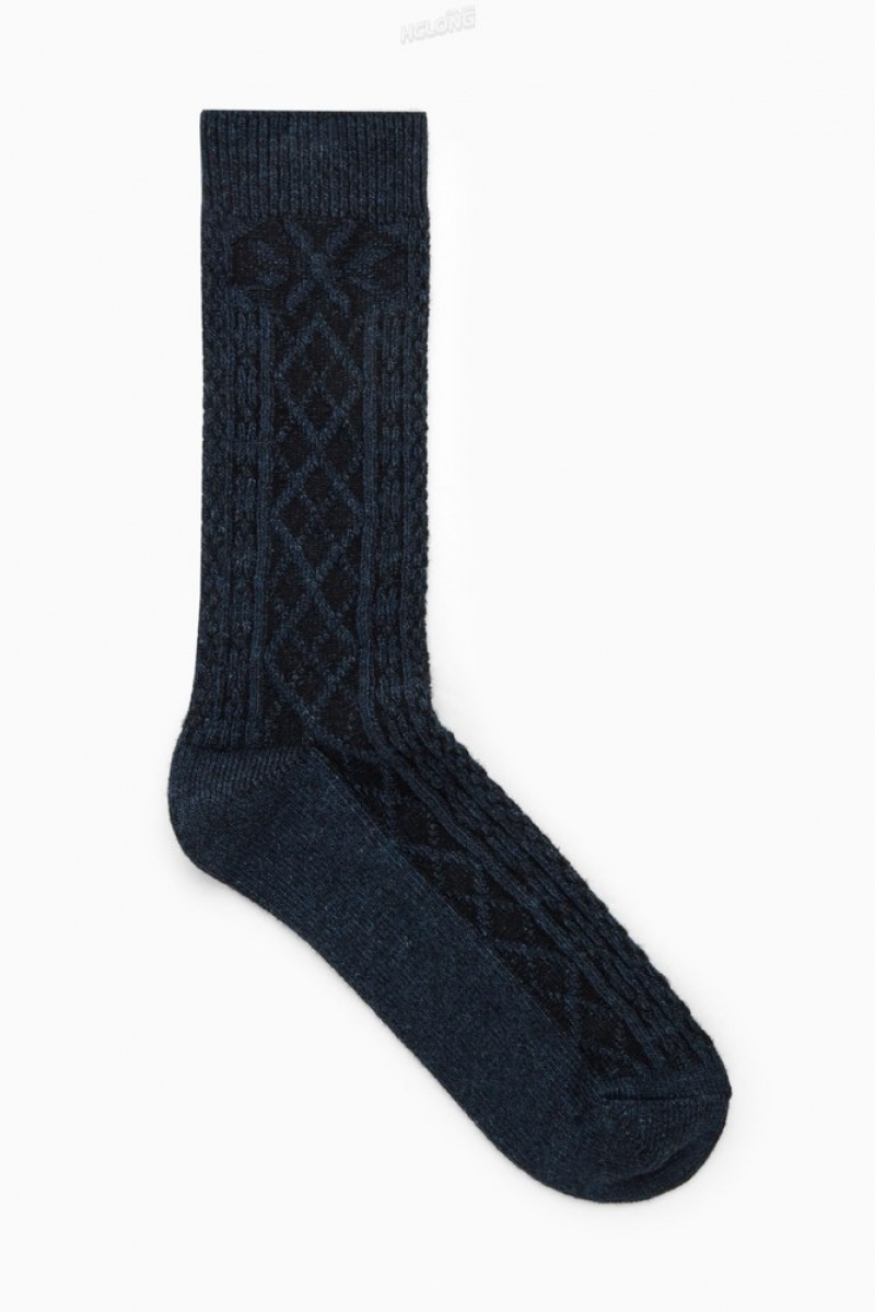 Navy COS Chunky Argyle Cable-Knit Socks Socks | 568423-YWA