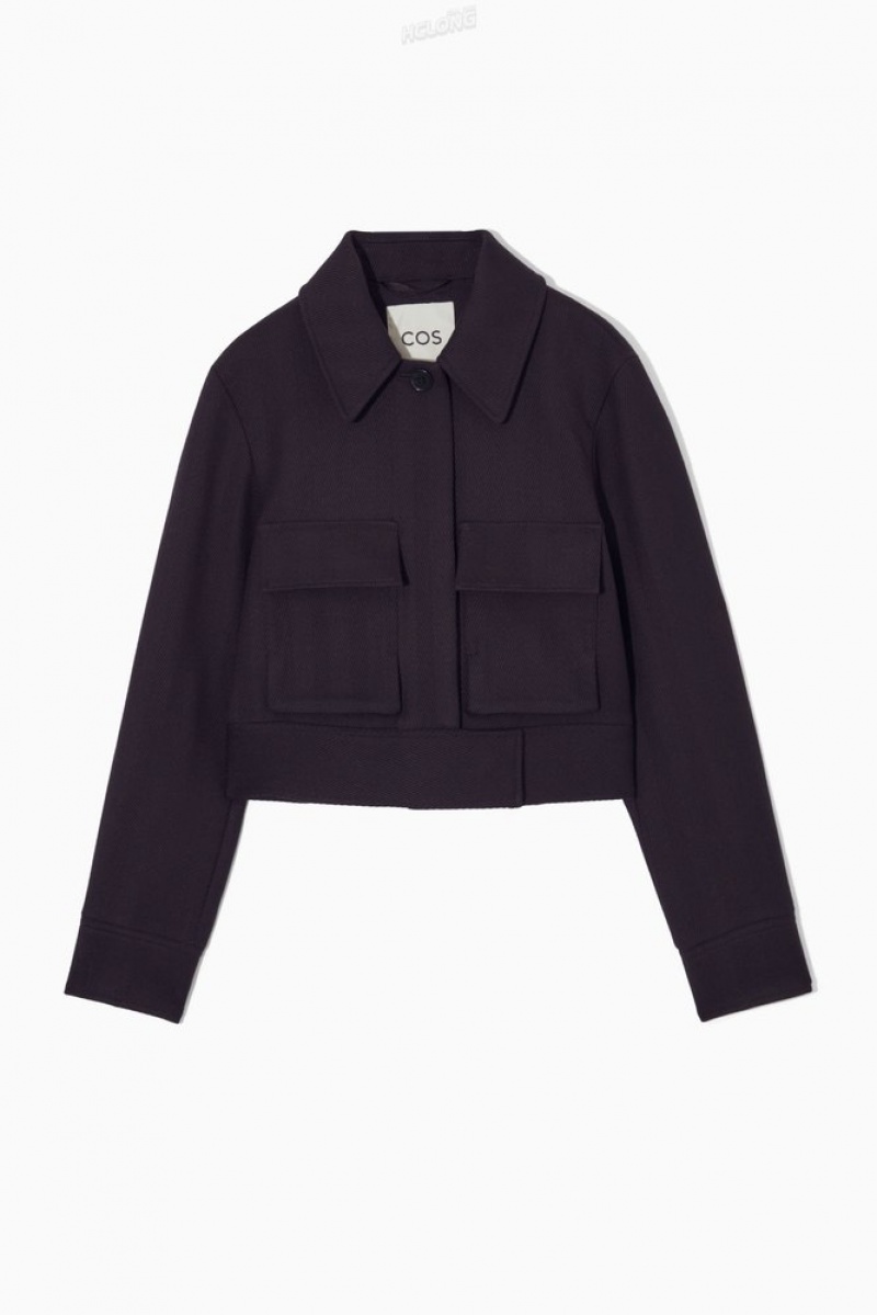 Navy COS Cropped Herringbone Wool Utility Jacket Coats & Jackets | 097348-JNH