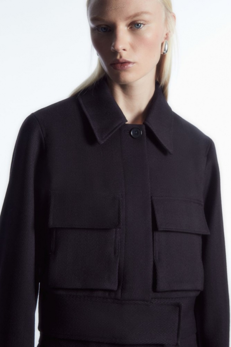 Navy COS Cropped Herringbone Wool Utility Jacket Coats & Jackets | 097348-JNH