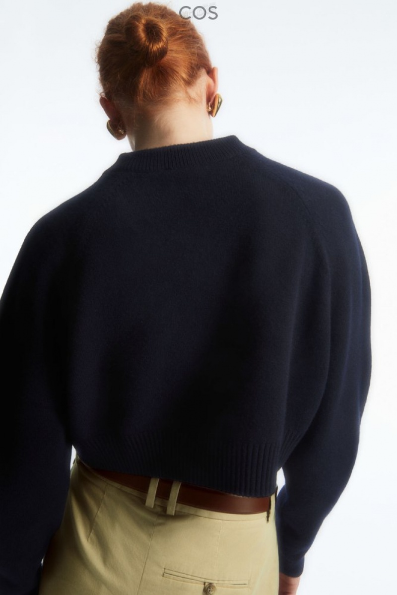 Navy COS Cropped V-Neck Wool Sweater Sweaters & Cardigans | 642079-OUM