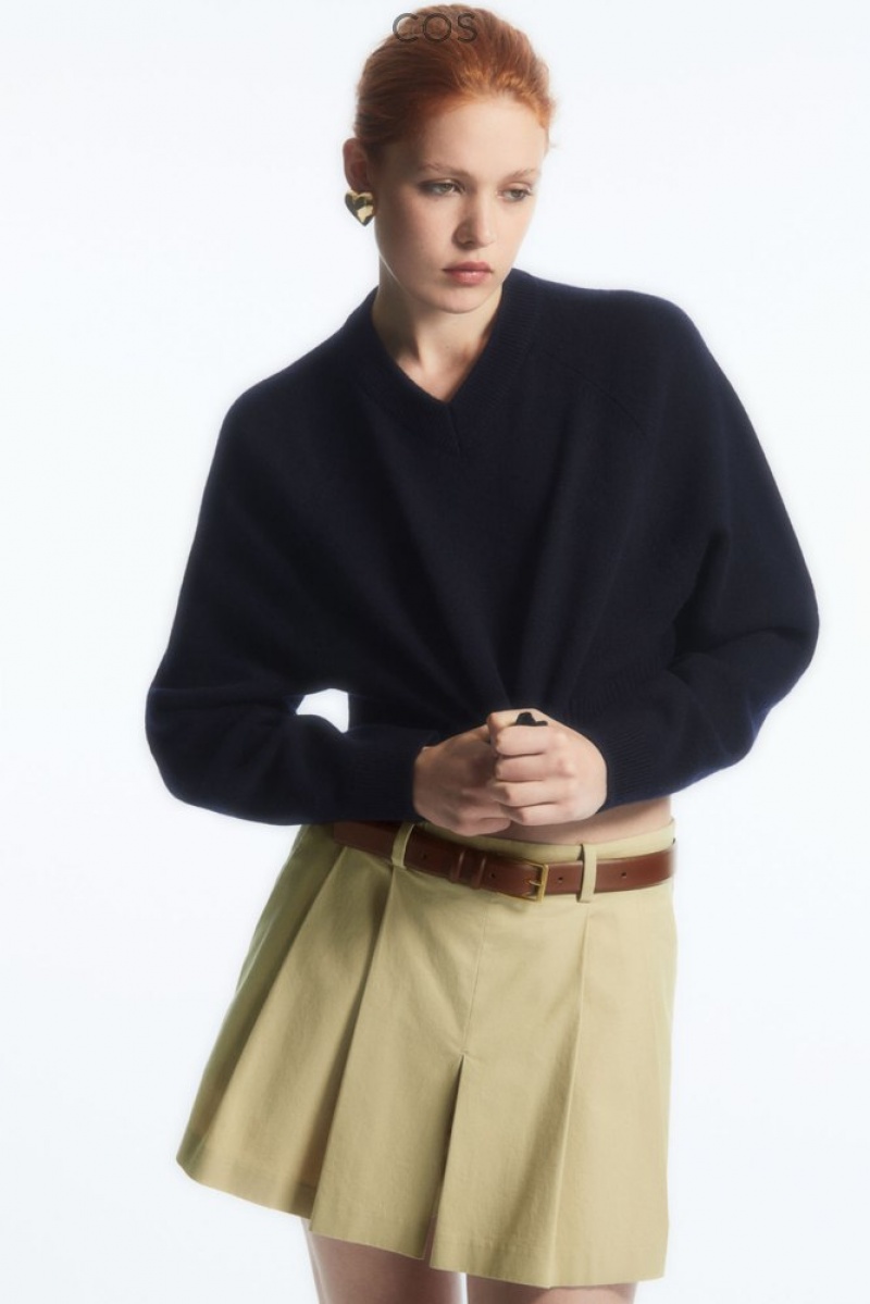 Navy COS Cropped V-Neck Wool Sweater Sweaters & Cardigans | 642079-OUM