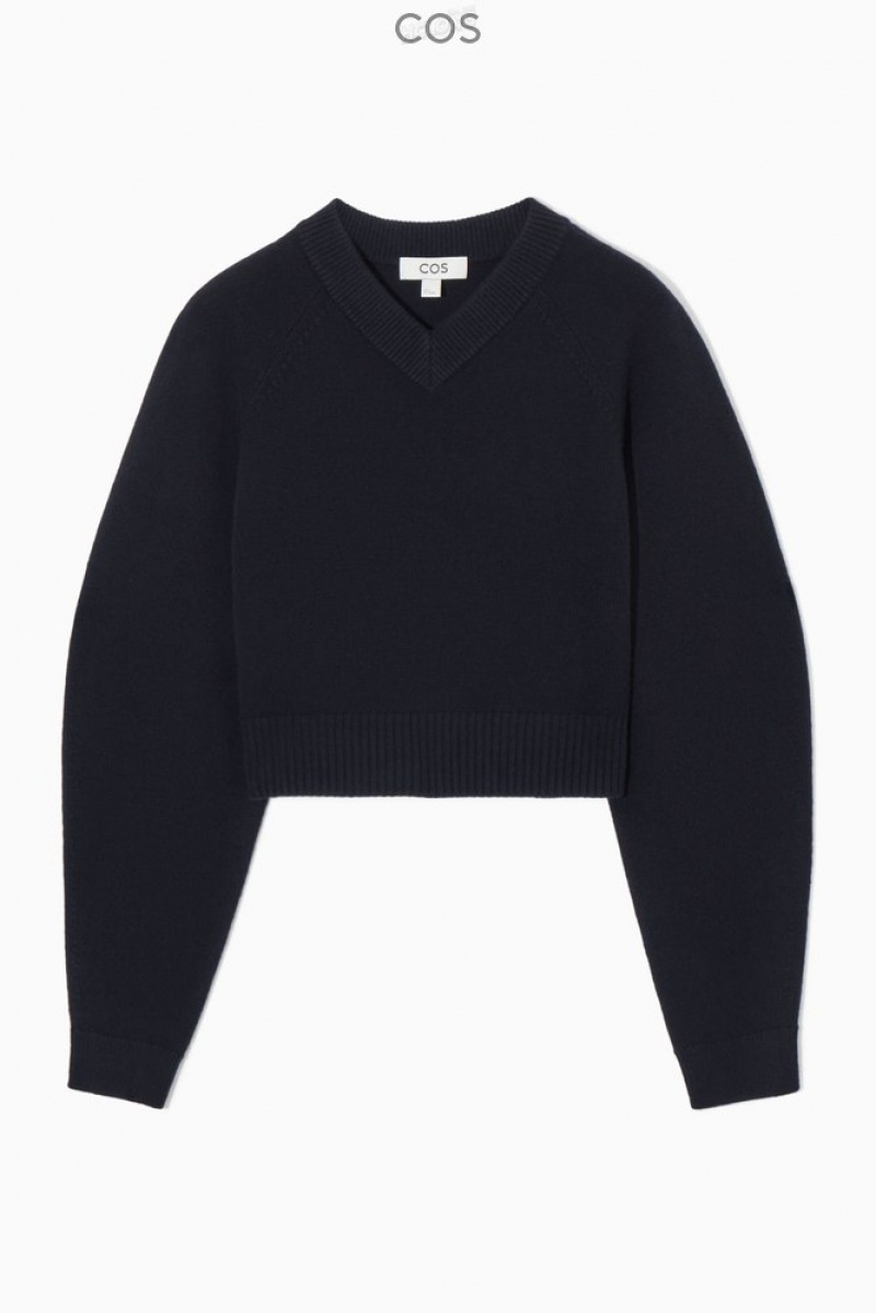 Navy COS Cropped V-Neck Wool Sweater Sweaters & Cardigans | 642079-OUM