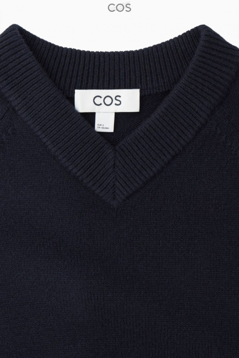 Navy COS Cropped V-Neck Wool Sweater Sweaters & Cardigans | 642079-OUM