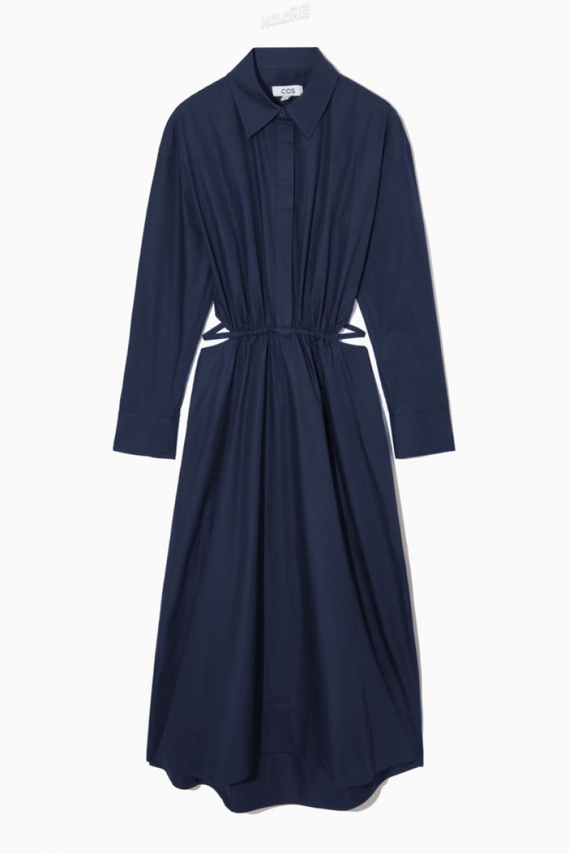 Navy COS Cutout-Waist Midi Shirt Dress Dresses | 758094-HSF