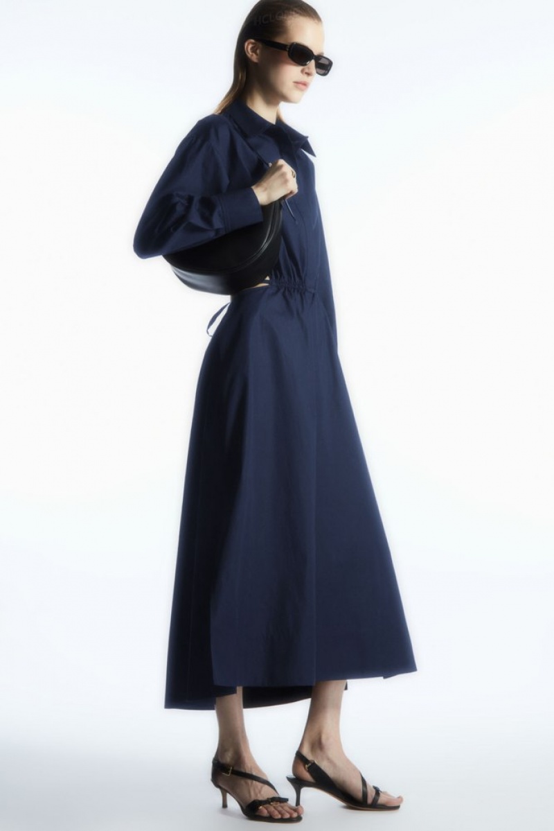 Navy COS Cutout-Waist Midi Shirt Dress Dresses | 758094-HSF