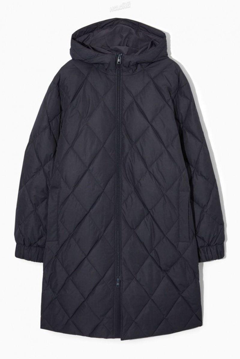 Navy COS Diamond-Quilted Padded Parka Coats & Jackets | 693014-WUR