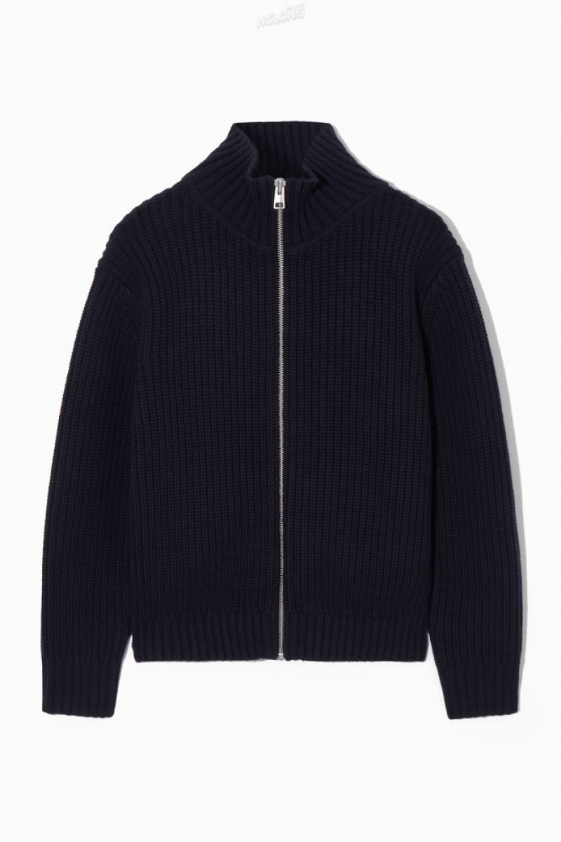 Navy COS Funnel-Neck Knitted Wool Jacket Knitwear | 438160-PXQ