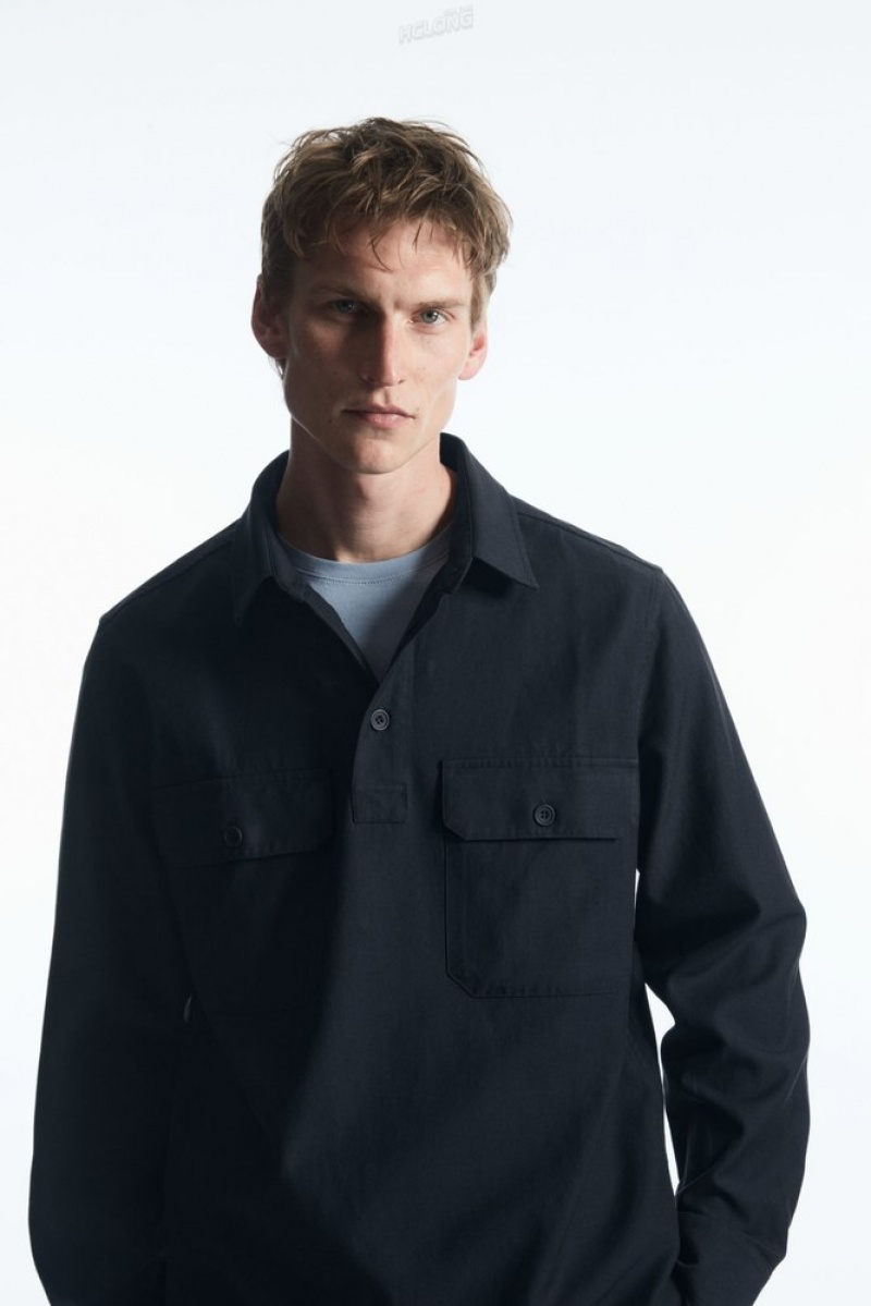 Navy COS Half-Placket Utility Overshirt Shirts | 569301-IQR