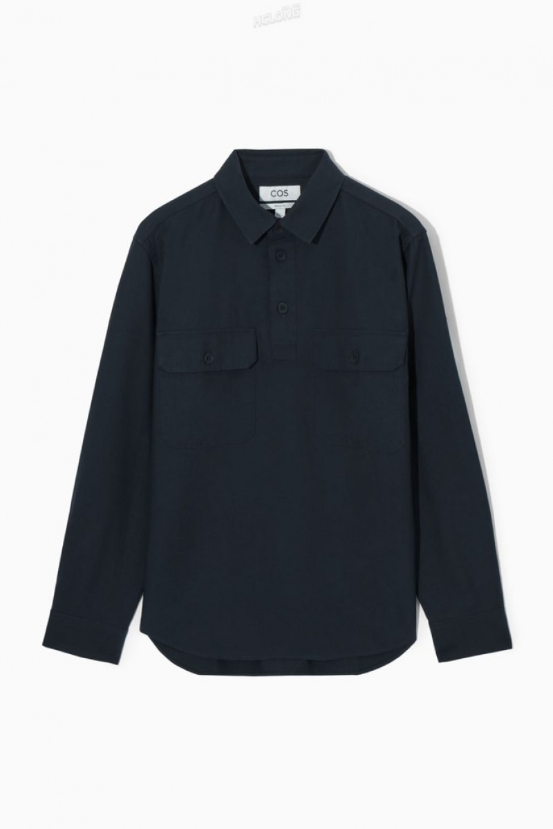 Navy COS Half-Placket Utility Overshirt Shirts | 569301-IQR