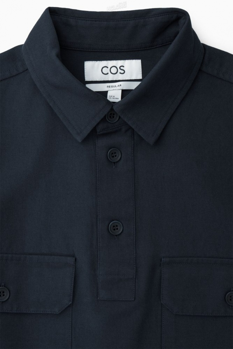 Navy COS Half-Placket Utility Overshirt Shirts | 569301-IQR