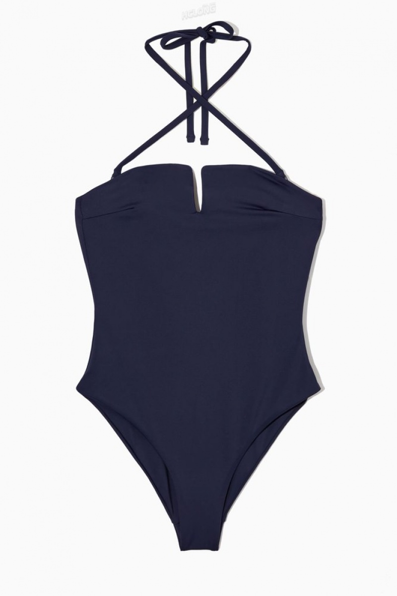 Navy COS Halterneck Bandeau Swimsuit Swimwear | 790143-FPD