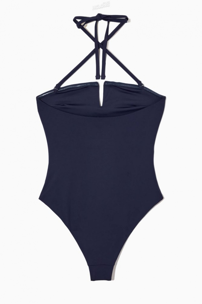 Navy COS Halterneck Bandeau Swimsuit Swimwear | 790143-FPD