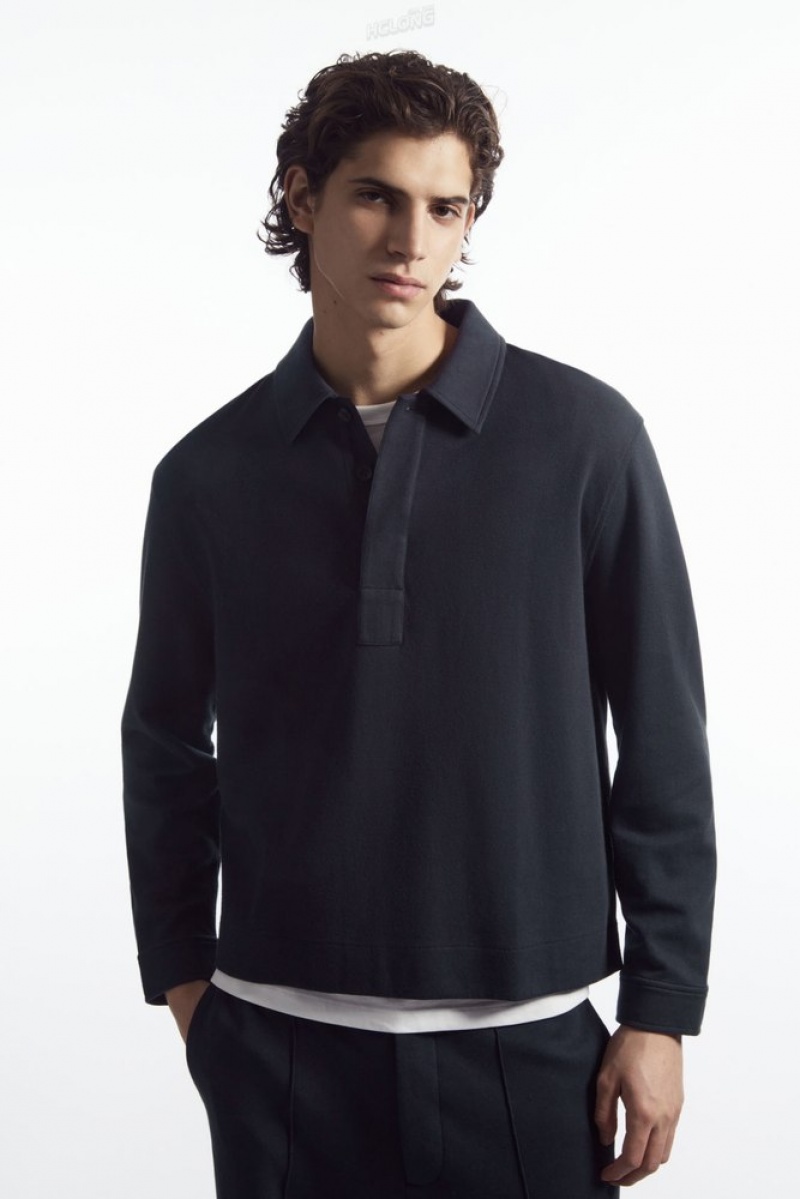 Navy COS Long-Sleeved Jersey Polo Shirt Knitwear | 012967-JHU