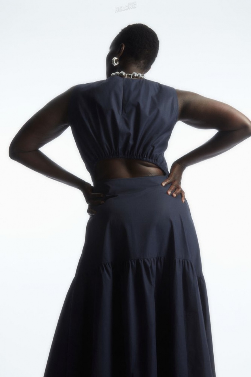 Navy COS Open-Back Tiered Dress Dresses | 940857-UMF