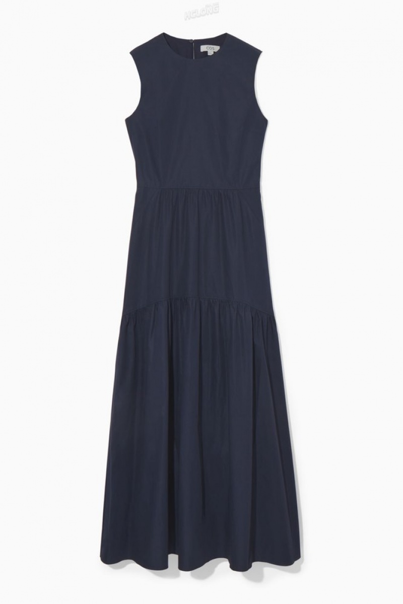 Navy COS Open-Back Tiered Dress Dresses | 940857-UMF