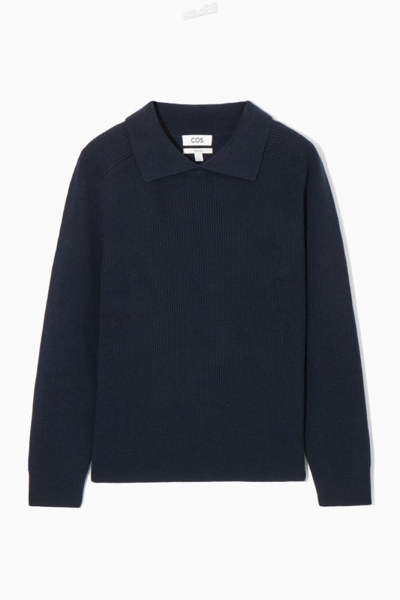 Navy COS Open-Collar Wool And Cashmere Polo Shirt Knitwear | 463587-MFS