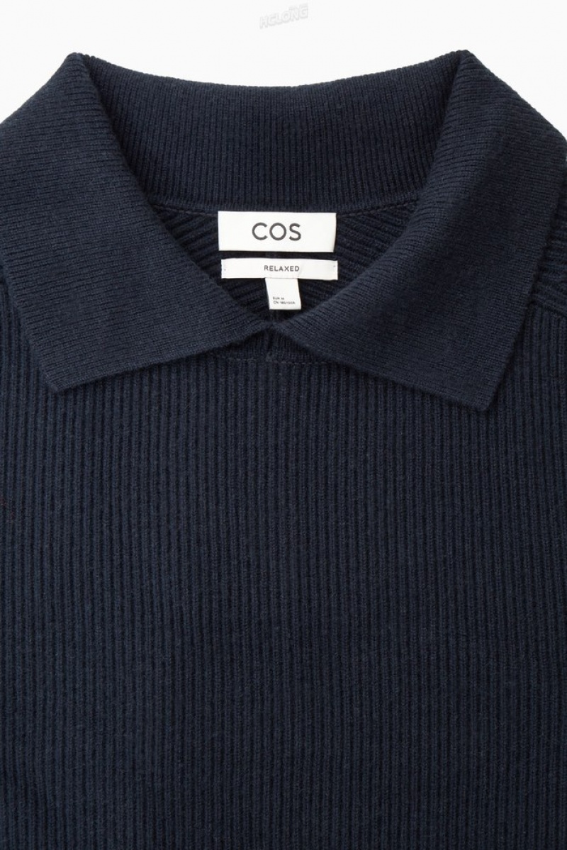 Navy COS Open-Collar Wool And Cashmere Polo Shirt Knitwear | 463587-MFS