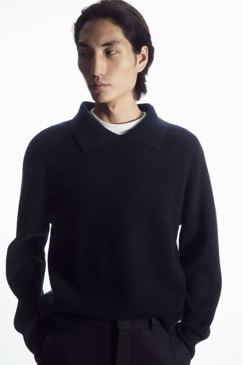 Navy COS Open-Collar Wool And Cashmere Polo Shirt Knitwear | 463587-MFS