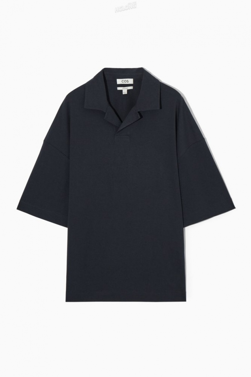 Navy COS Oversized Open-Collar Polo-Shirt T-shirts | 548107-XTH