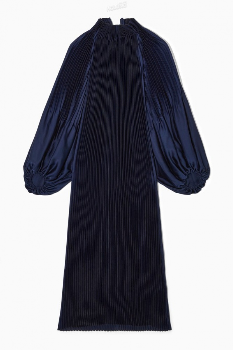 Navy COS Oversized Pleated High-Neck Maxi Dress Dresses | 691758-CZO