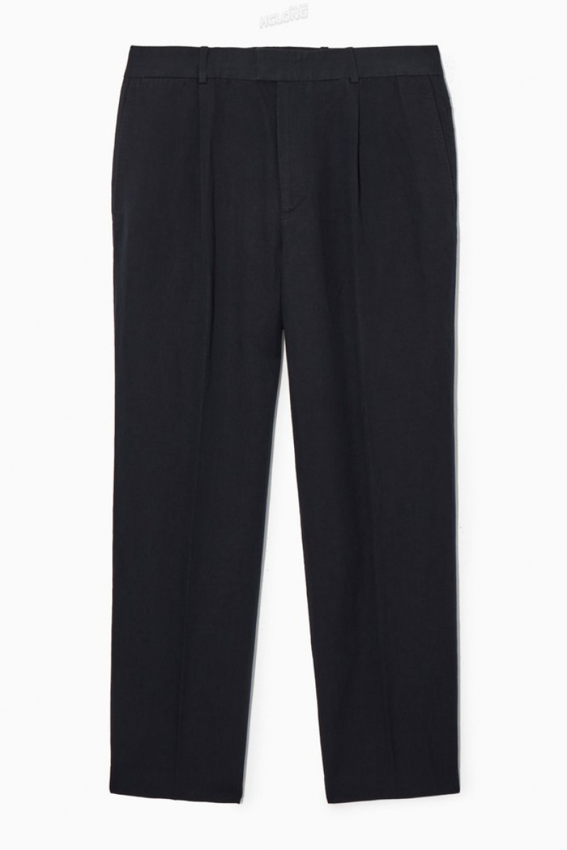 Navy COS Pleated Straight-Leg Linen-Blend Trousers Trousers | 798260-IOH