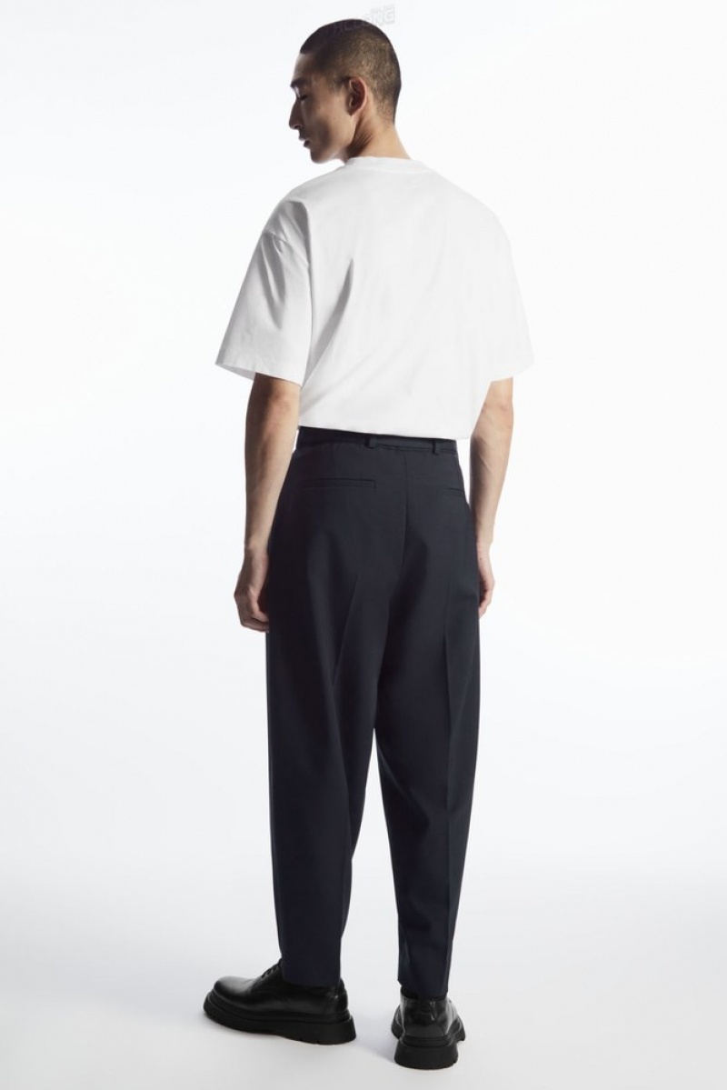 Navy COS Relaxed Belted Wool-Blend Pants Pants | 094127-ZIA