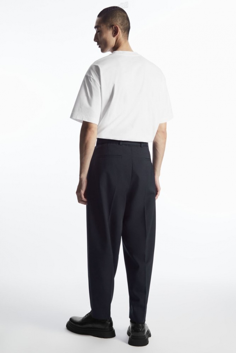 Navy COS Relaxed Belted Wool-Blend Trousers Trousers | 145732-DZM