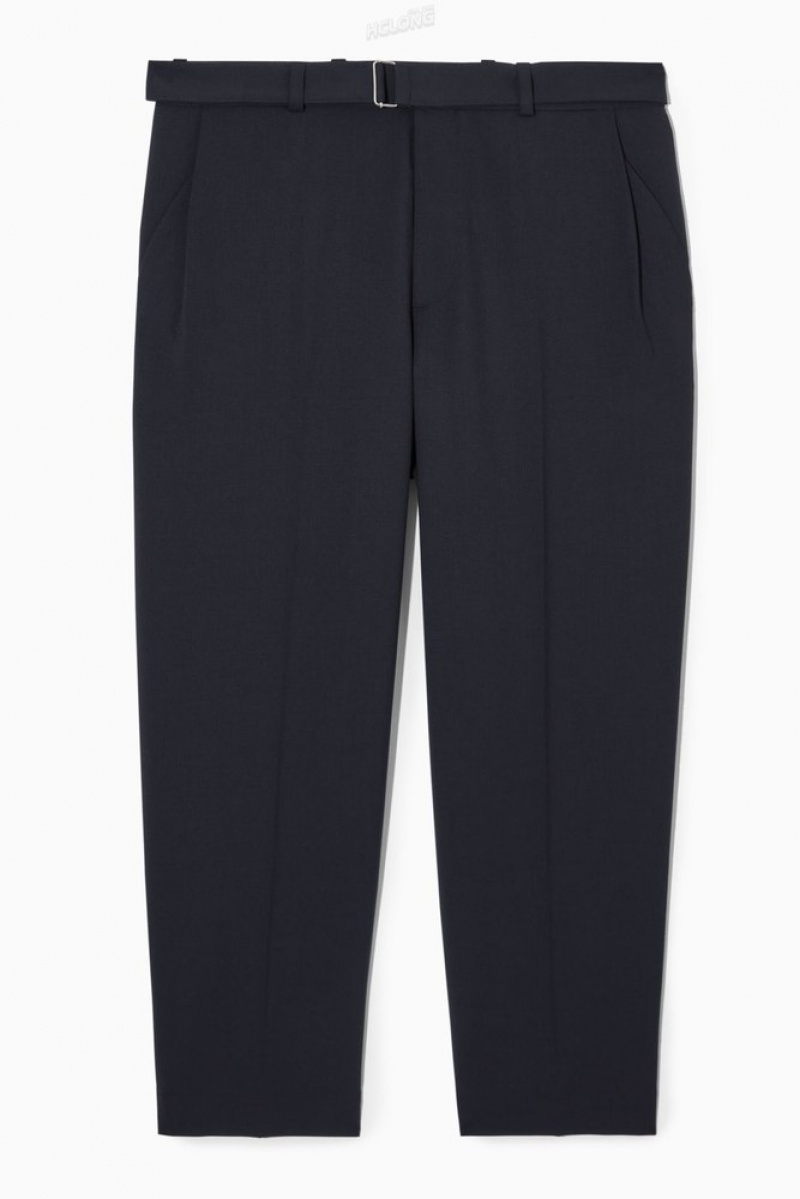 Navy COS Relaxed Belted Wool-Blend Trousers Trousers | 145732-DZM