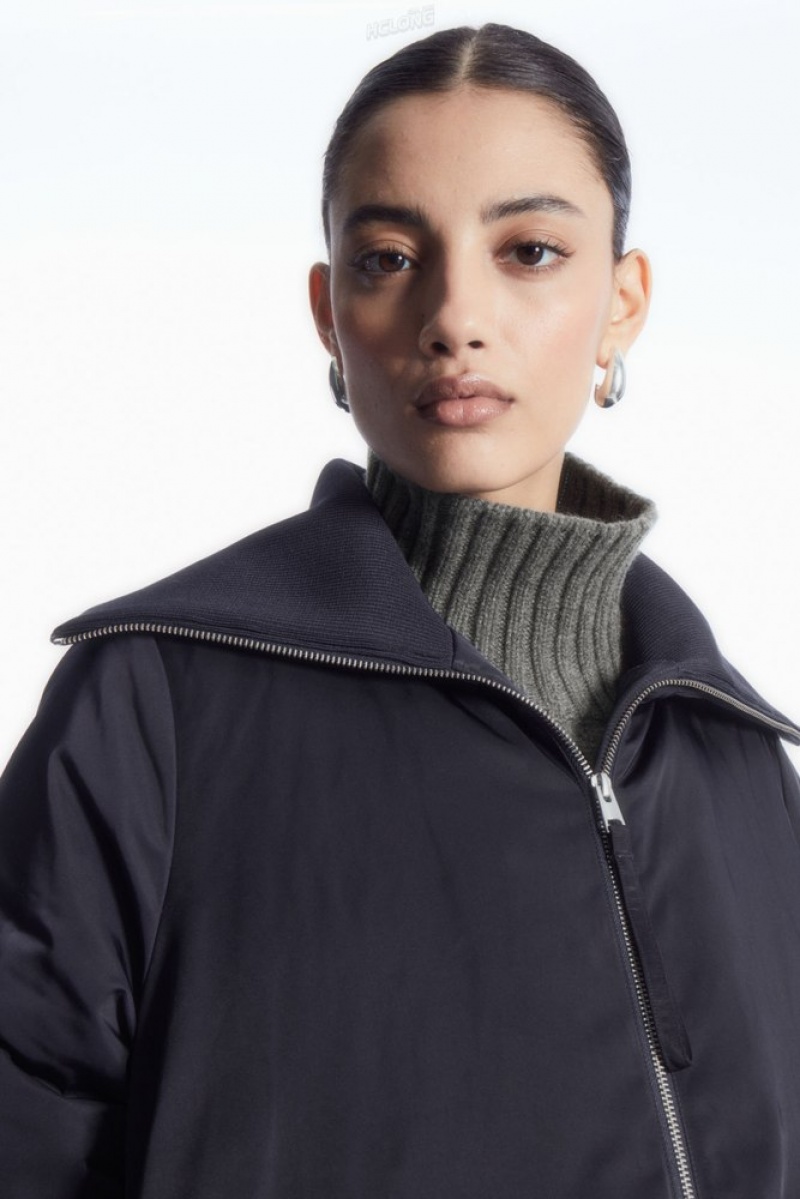 Navy COS Ribbed-Collar Puffer Jacket Coats & Jackets | 342907-AMJ