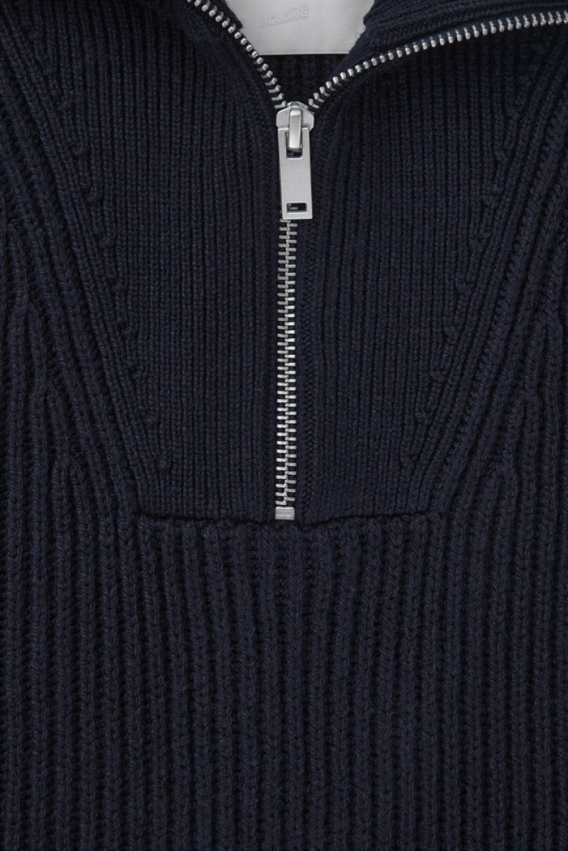 Navy COS Ribbed-Knit Half-Zip Tank Tops | 016584-ACZ